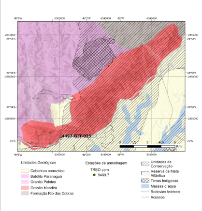 Mapa no informe técnico mostra extensão do Granito Mandira, mas não inclui área do Quilombo Mandira (Imagem: Reprodução/SGB)