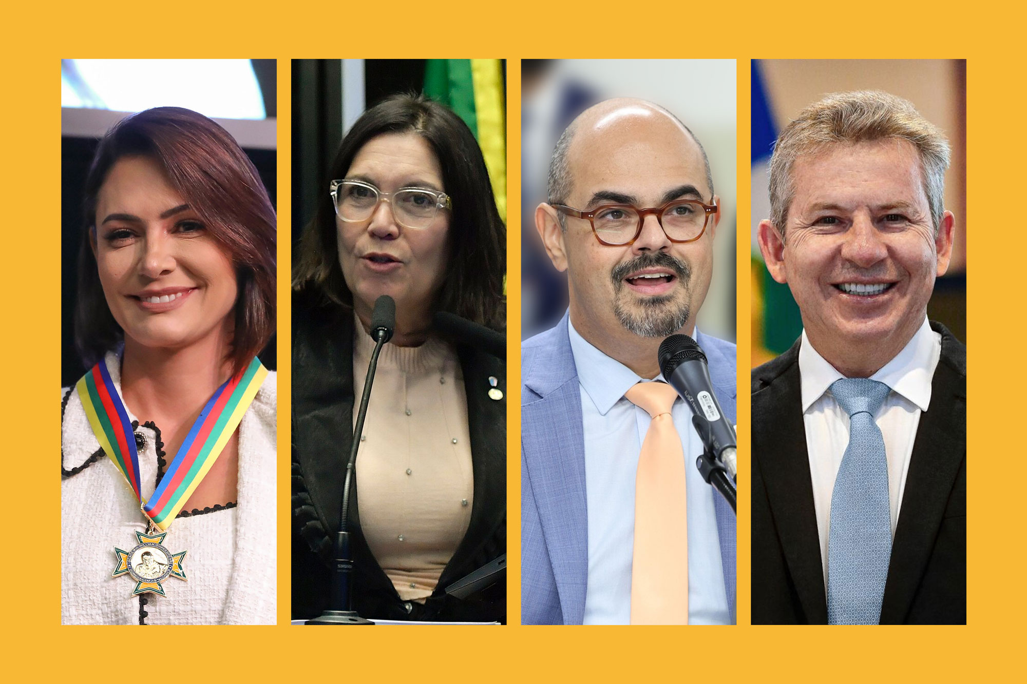 Michelle Bolsonaro (PL/DF), Bia Kicis (PL/DF), Mateus Simões (PSD/MG) e Mauro Mendes (União Brasil/MT) estão entre os 15 candidatos que receberam doações eleitorais de pessoas com passagem pela Lista Suja do trabalho escravo (Fotos: Reprodução/Justiça Eleitoral)
