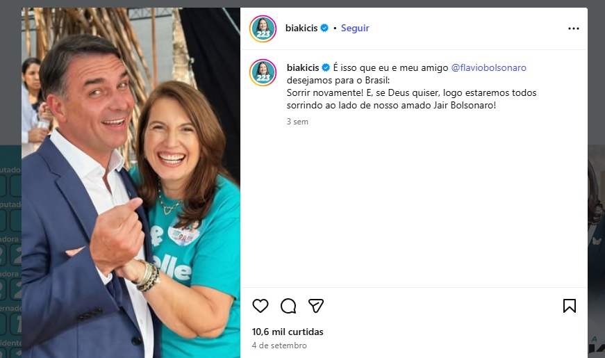 Bia Kicis, candidata ao Senado pelo PL do Distrito Federal, é apoiada pelo presidenciável Flávio Bolsonaro (Imagem: Reprodução/Redes sociais)