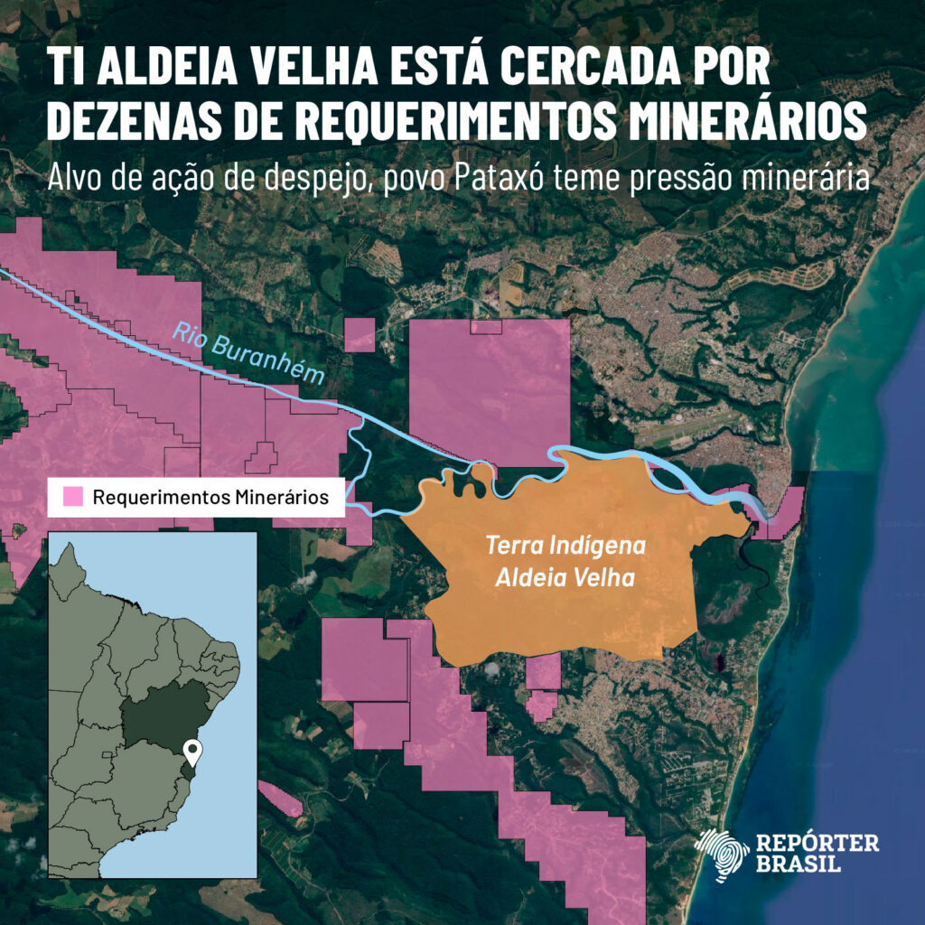 Mapa da TI Aldeia Velha mostra os processos minerário no entorno da TI Aldeia Velha (Mapa:  Pedro Stropasolas e Rodrigo Bento/Repórter Brasil)