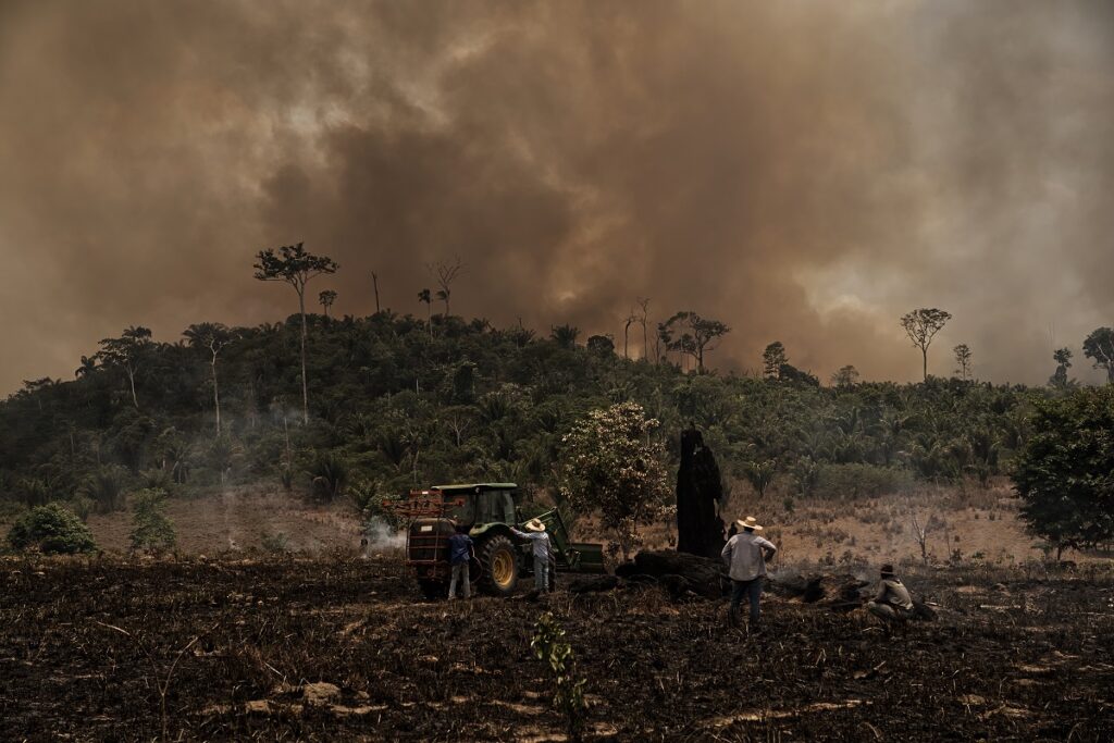 Funcionários e fazendeiros apagam fogo em propriedade de Itaituba, no Pará (Foto: Fernando Martinho/Repórter Brasil)